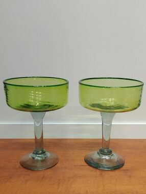Set of 2 Green & Clear Hand Blown Art Glass Dessert or Margarita Glasses 16 Oz.